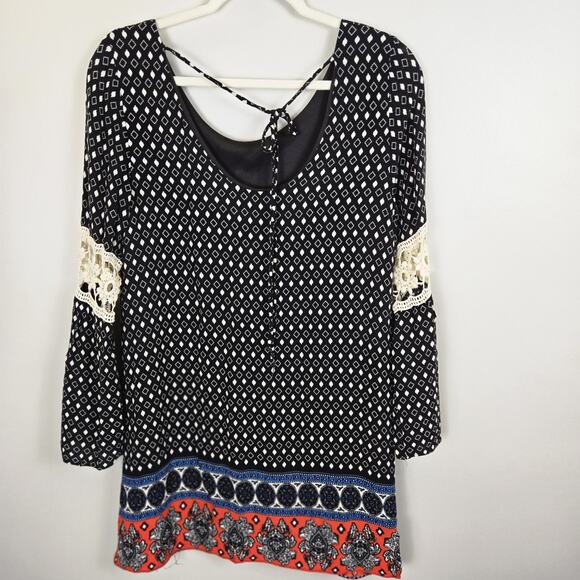Multi Print Boho Peasant Tunic Crochet Sleeve Tie Back MED Paisley Geo Print - Picture 5 of 8